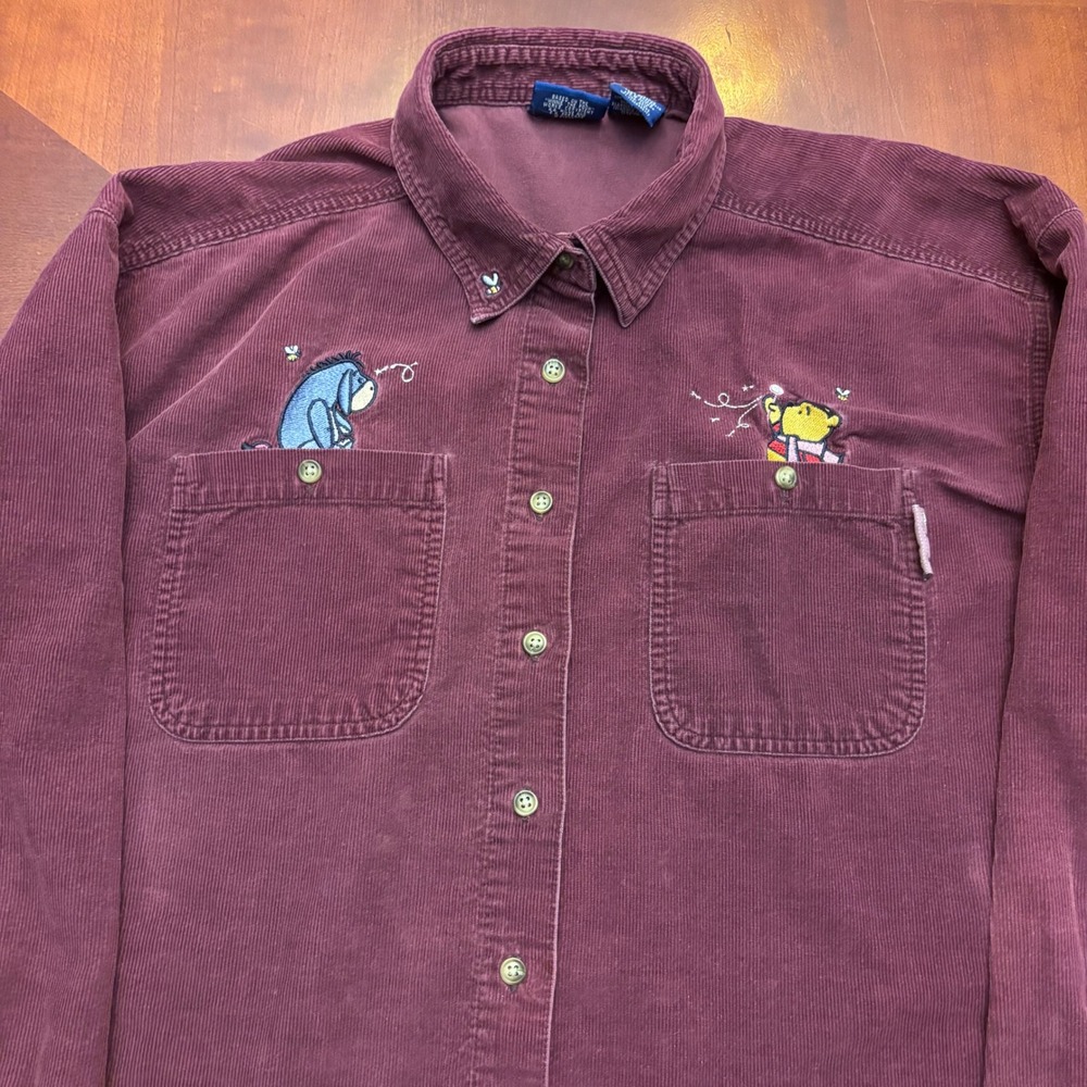 Vintage Disney | Pooh Eeyore | XL | Embroidered Corduroy Button Down Shirt Plum